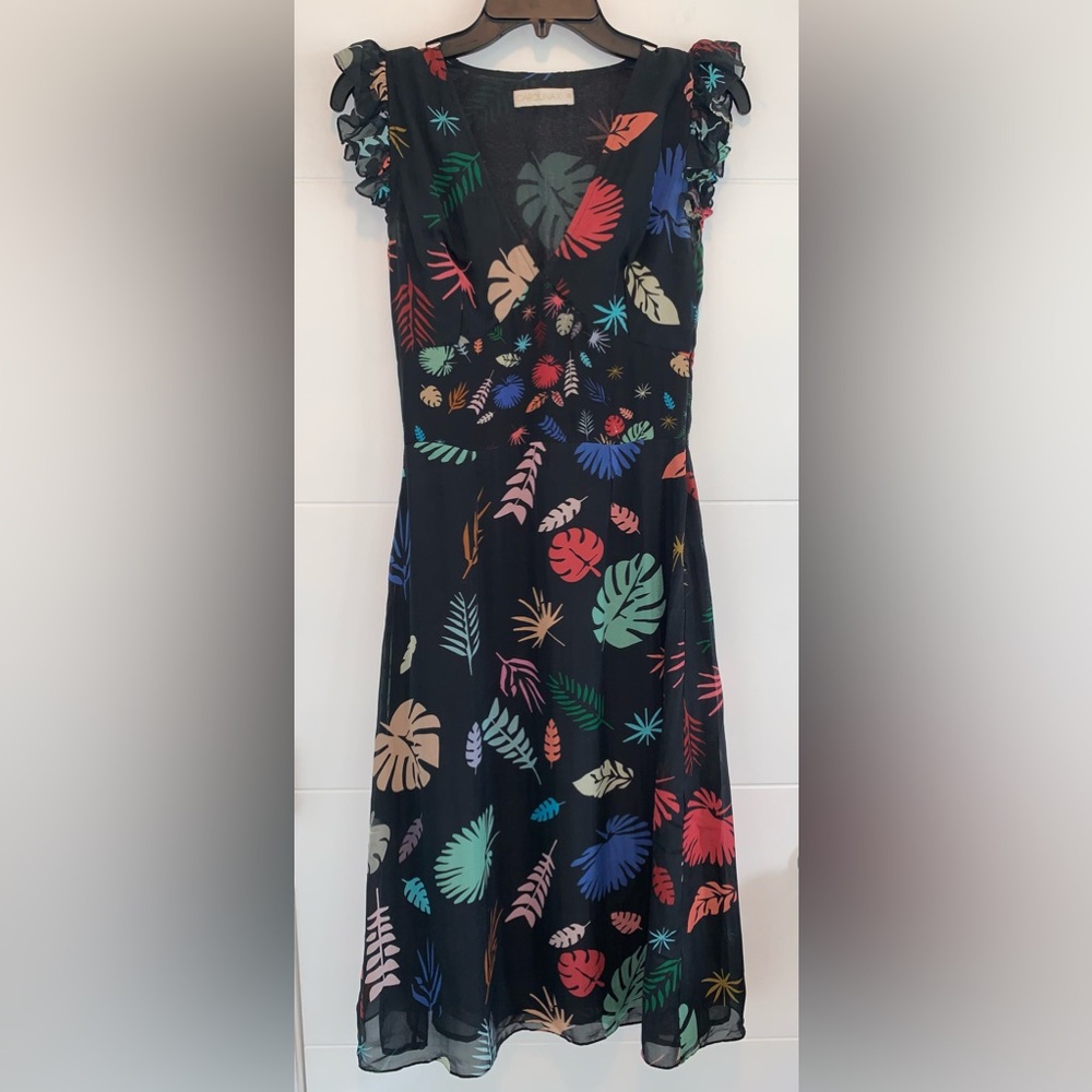 Carolina K 100% Silk Chiffon Leaf Black MIDI Dress XS